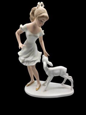 Wallendorf Girl in Dress w/Deer Figurine Thuringia Germany Kurt Steiner 1960s